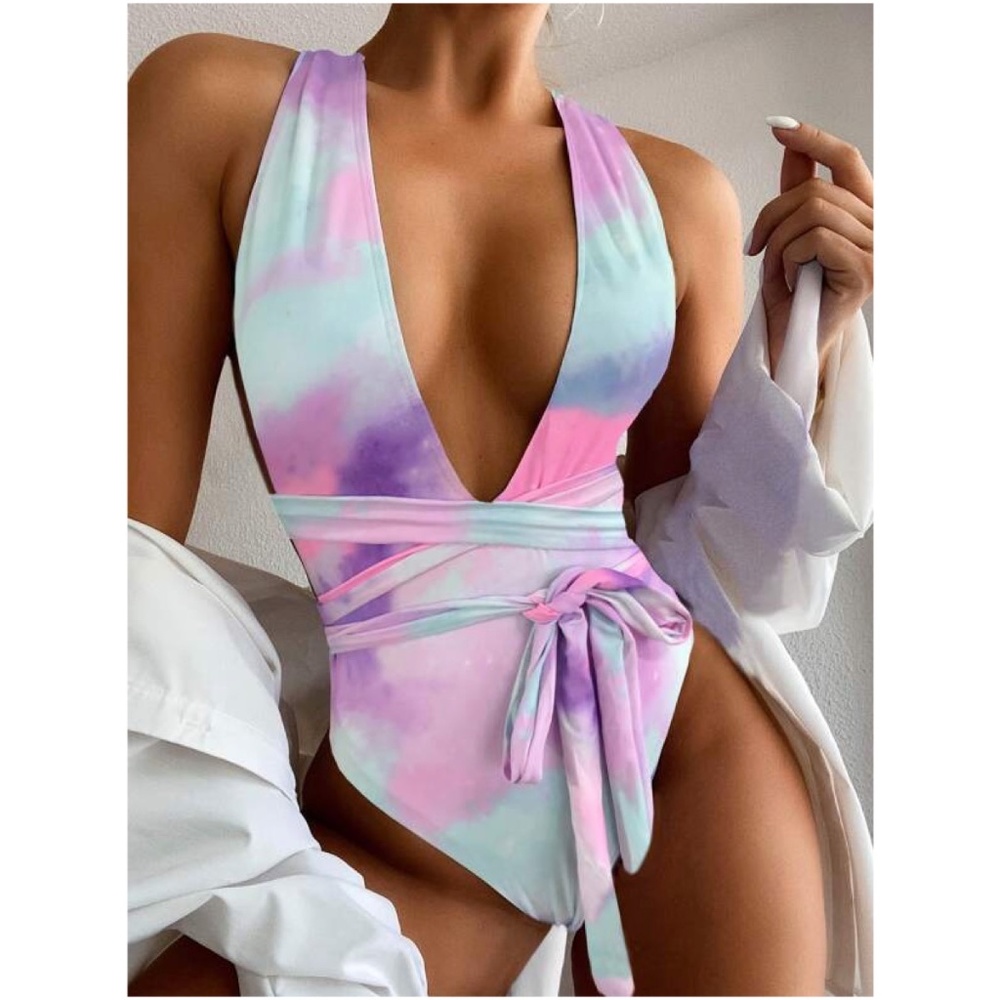 Boho Pink Tie Dye Wrap One Piece Monokini Swim Beach - Picture 1 of 4